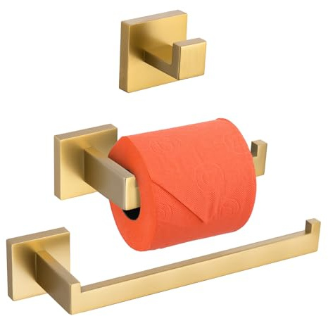 TURS Juego de 3 accesorios de baño de acero inoxidable SUS 304 con toallero, barra porta toallas, gancho de pared, color oro cepillado, Q7010GD