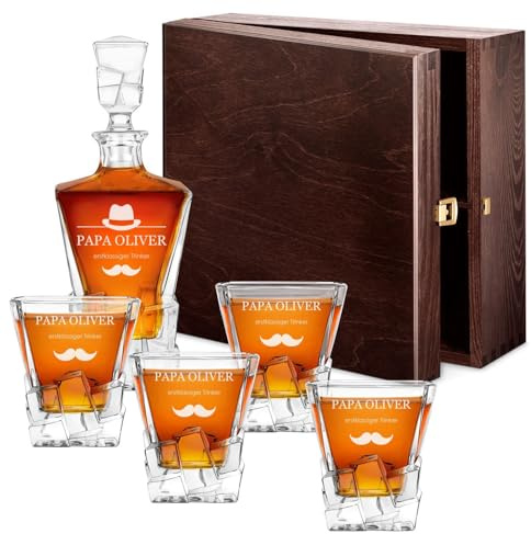 Maverton 950 ml Whiskey Karaffe + 2/4 / 6er Whiskygläser Set mit Gravur - Whisky Dekanter - luxuriöses Design - Kristallglas - für Männer zum Geburtstag - erstklassig