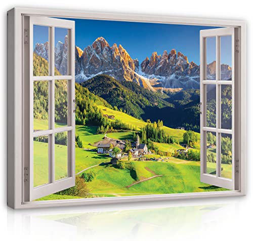 WallArena - Leinwand Bilder - Fensterbilck Berge Alpen Natur Landschaft - 120x80 cm Leinwandbilder Bild auf leinwand Wandbild XXL groß Wandbilder für Wohnzimmer Schlafzimmer Wohnzimmerbilder Modern