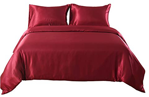 Kanak Bedding OverQueen Duvet Cover 4 Piece Satin OverQueen Burgundy Duvet Cover Set (Duvet Cover + Fitted Sheet 16'' + 2 Pillow Cases) Zipper Closure