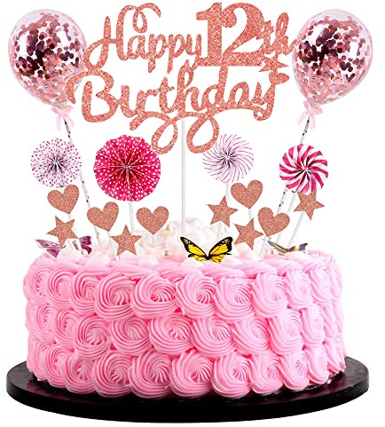 Happy 12th Birthday Cake Topper - Pink with Heart Star Balloon Glitter for Girl