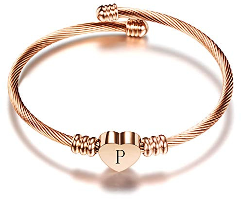LSxAB Women Girls Rose Gold Initial A-Z Letter Cuff Bracelet Expandable Heart Personalized Name Bangle Bracelets Birthday Gift