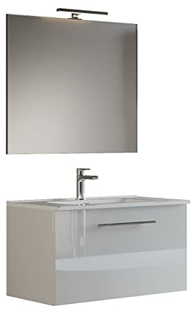 Mama Store GEA1 80 - Mobile Bagno Sospeso 80 CM monocassettone Bianco Lucido Laccato con Lavabo, Specchio e Lampada LED, L.81 X P.45 X H.46 cm