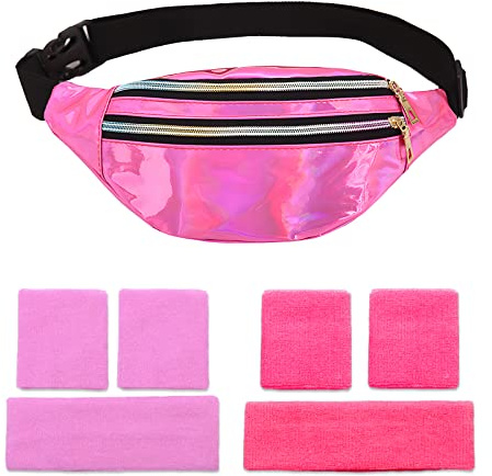 CHRI 80er Jahre Bauchtasche Stirnband Neon, Armbänder und Stirnband | 80er 90er Jahre Outfit Damen Accessoires Verstellbarer Hüfttasche Wasserdicht für Retro Party Thema Karneval (Rosa)