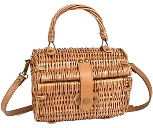 Wnota Strohtasche Strohsack Tragbare Gewebte Tasche Strandtasche Kleine Runde Umhängetaschen Rattan Einfache Handtasche Umhängetasche Stroh Strandtasche