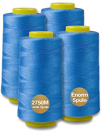 Lot de 4 fils à coudre, 100% polyester, pour machine à coudre, 4 fils à coudre, indéchirables, fil à coudre, fil de surjection, 40/2 chacune, 2745 m, 11000 m au total (Bleu ciel)
