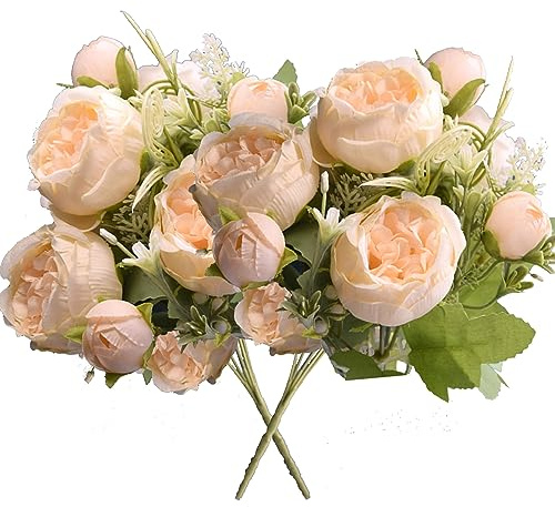 YELYAN 2 Bündel Pfingstrose Künstliche Blumen Rosa Blumen Seidenpfingstrosen Blumensträuße für Hochzeit Home Tisch Party Fenster Dekoration(Champagne)