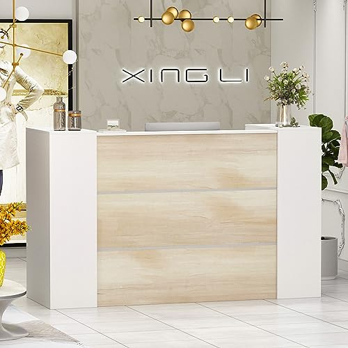 DEZAGCE Banco reception, banconi per reception grandi, reception tavolo bancone con ripiani regolabili, banco reception ufficio bancone, colore legno e bianco, 180 X 60 X 110 cm, MDF