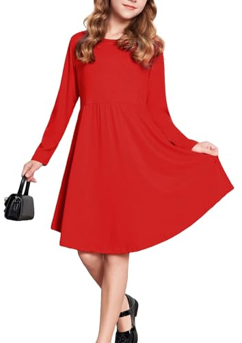Parabler Vestido para Niña De Manga Larga Cuello Redondo Festivo De Algodón para Otoño con Bolsillos Color Rojo Talla 9-10 Años