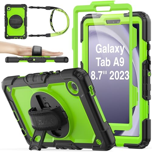 SEYMAC stock Funda para Samsung Galaxy Tab A9 8,7'' 2023, Carcasa Rugosa con Protector de Pantalla, Portalápices, Soporte Giratorio/Correa de Mano, Funda Resistente para Samsung Tab A9, Verde