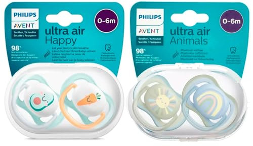 Philips Avent Ciuccio Ultra Air per neonati, da 0 a 6 mesi, 4 pezzi, con scatola di trasporto e sterilizzazione, unisex