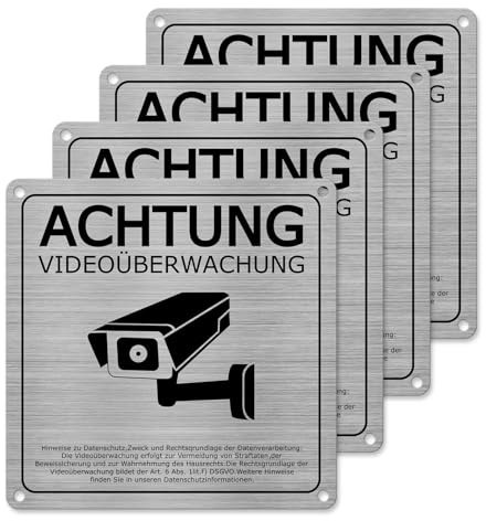 YIKIADA Videoüberwachung Schild 15 × 15 cm Aluminium Achtung Kamera Warnschild Selbstklebend Privatgrundstück Überwachung mit UV-Schutz für Lagerhäuser Geschäfte Wohnungen 4 Stück