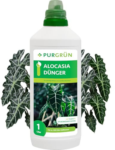 Purgrün® Alocasia-Dünger 1 Liter – Extra Stickstoff für schnelles Wachstum – Spurennährstoffe für intensive Blattfärbung – Ergiebiges Konzentrat für ca. 400 Liter Gießwasser – Profi-Flüssigdünger