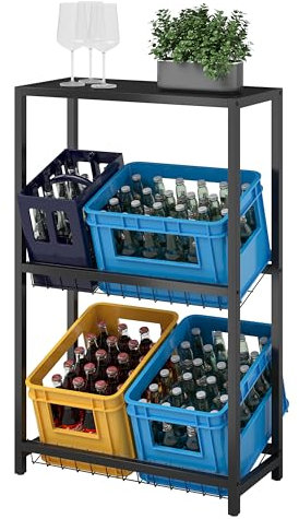 STEELSØN Montune Getränkekistenregal 4 Kisten – Getränkeregal mit Ablage & Gitterhalterung – stabiles & platzsparendes Bierkisten Regal schwarz – Kistenregal für Getränke, Gemüse & Obst aus Metall