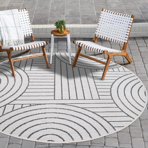 payé In- & Outdoor-Teppich - Grau Creme - 120x120cm Rund - Wendeteppich - Geometrisch - Wetterbeständig für Balkon Terrasse - Indoor Teppiche Wohnzimmer Küche