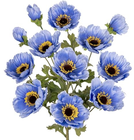 Künstliche Mohnblumen für Heimdekoration, 3 Pcs Langstielige Realistische Künstliche Seidenblumen, Künstlicher Mohn für Küche Hochzeit Dekoration Blumenarrangement, Tischaufsteller (Blau)
