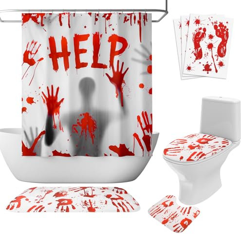 Hahafelt 7 Pcs Halloween Bloody Shower Curtain Set with Horror Help Me Bath Curtain Blood Hand U Shape Rug Toilet Cover Wall Sticker Scary Ghost Shadow Bath Mat Bathroom Decor Set with 12 Hook