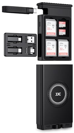 JJC Étui de Rangement pour Lecteur de Carte SD, Boîtier de Voyage pour Cartes SD MicroSD UHS-II avec Câble de Données USB 3.1 Type-C Lecteur de Carte Intégré et Adaptateur OTG USB C vers USB Lighting