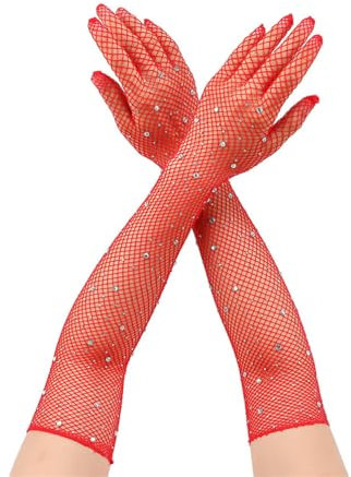 2 Paar Lange Netzhandschuhe Damen Fischnetz Handschuhe Netzärmel Rock Handschuhe Netz Armstulpen Mode Opernhandschuhen Fishnet Gloves Spitzenhandschuhe für Hochzeiten Opern Dinnerpartys Prom (Rot)