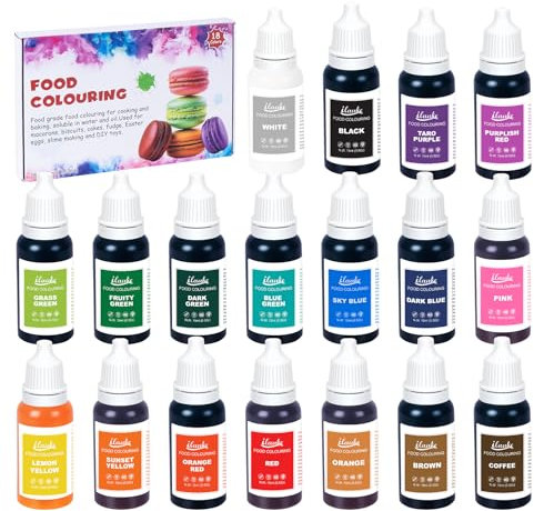 Lebensmittelfarbe, 15ml x 18 Farben Lebensmittelfarbe Flüssig Set, Hochkonzentriert Lebensmittelfarbstoff für Kuchen Backen Dekorieren, Macaron, Kekse, Osterei, Eisung, DIY Slime -0.52 oz/Flaschen