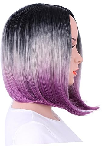 Healvian Bob-perücke für Damen mit Farbverlauf Glatte Spitzenperücke aus Synthetischem Haar Hitzebeständige Perücke in Schwarz–violett Farbverlauf für Alltag, Partys und Cosplay