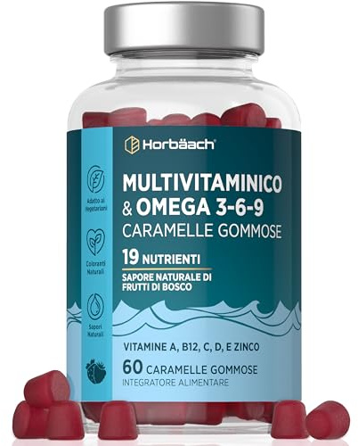 Multivitaminas Gominolas con Omega 3 6 9 | 17 Nutrientes con Vitamina D, A, C, B6, B12, E, Biotina, Yodo, Zinc y Ácido Fólico y Más | 60 Gummies Sabor a Frutos del Bosque | Horbaach