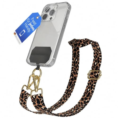 EAZY CASE - Handykette Universal zum Umhängen kompatibel mit jedem Handy Kette mit Hülle kombinierbar Handykordel mit Karabiner für Handyhülle Handyband zum Umhängen Leo - Schwarz Braun Gold