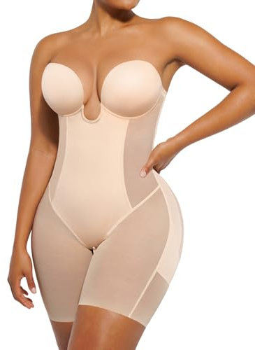 SHAPELLX Backless Strapless Shapewear Low Back Bodysuit Plunge Bra Body Shaper Bridal Shapewear for Wedding Dress L+