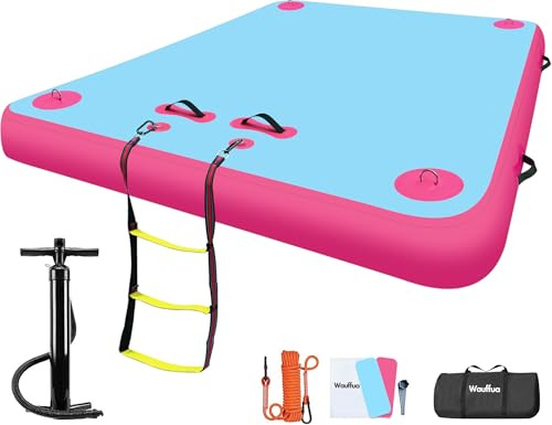 Wauffua Quai flottant gonflable pour lacs, plate-forme antidérapante avec sac de transport portable et échelle, flotteurs de lac épais pour adultes, plate-forme flottante île pour piscine, plage