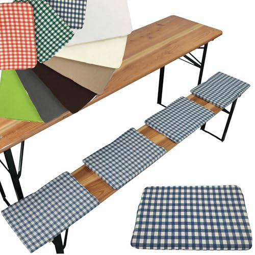 NYVI Bierbank Sitzkissen 36x25 cm NYVIGala 4er Set Blau Kariert - Komfortable Sitzpolster für Bierbänke - Bierbankkissen mit elastischer Klettband Befestigung - Polster Bierzeltgarnitur