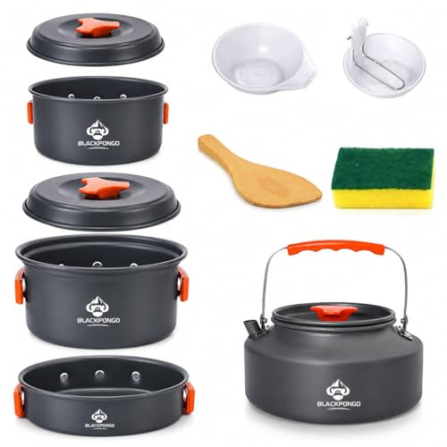 Blackpongo Camping Cookware Mess Kit for Backpacking Gear – Camping Cooking Set - Camping Pots and Pans Set - Camp Kitchen Equipment Accessories Pot (Orange)