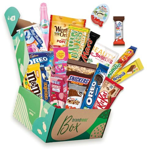 brandnooz Sweet & Snack Box mit 20 Süßigkeiten in Originalgröße – Geschenkbox mit Süßwaren, Candys und Schokolade – Partybox mit Süßwaren