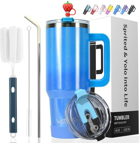 WATERSY 40oz Tumbler with Straw and Lid, Travel Mug Coffee Cup with Handle, Stainless Steel Double Wall Vacuum Insulated Coffee Water Bottle Thermal for Cold Hot Coffee 1182ml Shiny Deux Blue