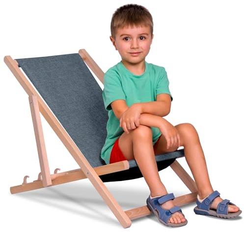 DreamRoots Kinder Liegestuhl Holz klappbar, Leinenoptik, Ocean Isle