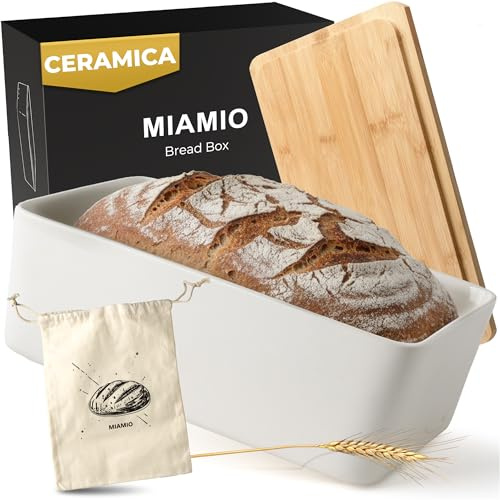 MIAMIO – Bread Box for Kitchen Countertop/Ceramic Bread Box with Cutting Board, Bread Container with Bamboo Lid, 32 x 20 x 11.5 cm (White)