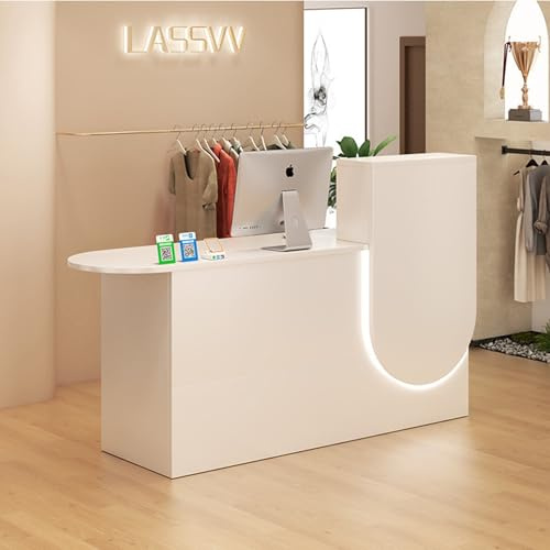 BVCL Bancone Reception Moderno con Luce LED e cassetti con Serratura, Ripiani Aperti, bancone Reception for Hall di uffici, Cassa di Centri estetici(White - Right,47)