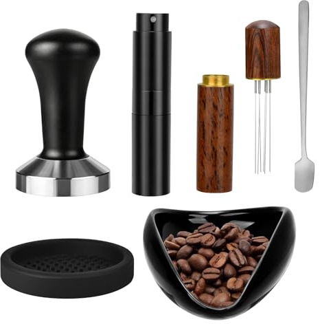 Lnopever 6PCS Kit Cafe Barista, Cafe Tamper 51mm, Incluye Polvo De Acero Inoxidable, Herramientas Wdt, Almohadillas De Polvo, Botellas De PulverizacióN, Cucharas De Acero Inoxidable Y Platos De Café