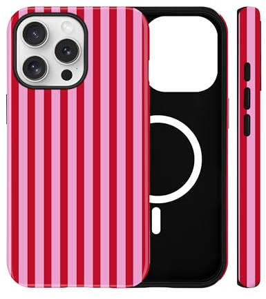 Jusy Magnetische Gestreifte Hülle für iPhone 14 Pro, Rot | Aesthetic Striped Sommer Muster Handyhülle, Kompatibel mit MagSafe, Zweischichtige Stoßdämpfend