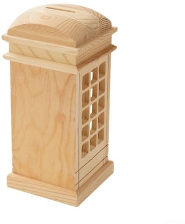 Tirelire en bois avec cabine téléphonique - Couleur bois - À peindre soi-même - Pour la décoration de la maison et l'apprentissage de la gestion de l'argent