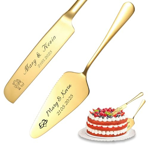 QSZ Personalised Engraved Wedding Cake Server with Names Text | Stainless Steel Cake Cutting Set Wedding Gifts for Bride Groom