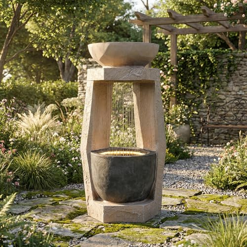 Merax Gartenbrunnen mit LED und Wasserpumpe, Zimmerbrunnen Wasserspiel mit Kunststein Optik und Zierbecken, dekorativer Springbrunnen für Garten Terrasse Balkon, moderner Outdoor Brunnen, Beige