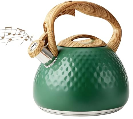 Stove Top Kettle, 3L Stainless Steel Whistling Kettle with Wood Handle | Induction Compatible, Fast Boil, Rust-Proof, 3L, for Tea and Coffee, Gas Hob, Camping, Family Use, Green