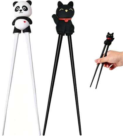 RIIRCSGE 2 Pares Palillos Chinos de Aprendizaje para Niños, Panda y Gato de la Suerte, Palillos Antideslizantes de Entrenamiento para Principiantes, Accesorio de Cocina Asiática