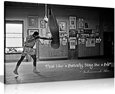 Panther Print Leinwand-Kunstdruck-Bild, schwarz-weiß, Zitat von Champion Muhammad Ali: „Float Like A Butterfly“ (in englischer Sprache)., schwarz/weiß, A0 91x61cm (36x24in)