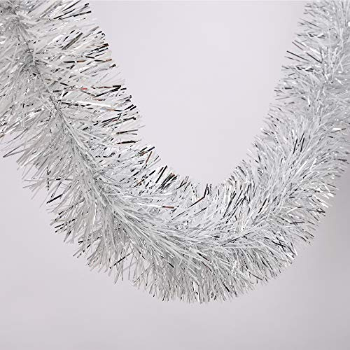 25 ft Long Roll Silver & White Tinsel Twist Garland, Shiny Metallic Foil Decorations for Halloween, Parade Floats, Christmas Eve, New Year Parties (4 x 25' roll, Silver & White)