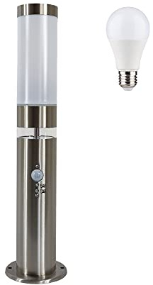 Dapo Edelstahl-Außen-Sockelleuchte LISA 3, Bewegungsmelder, Dämmerungssensor, inkl. LED E27, 1x5W, Grundlichtring 12x LEDs fest eingebaut, IP44
