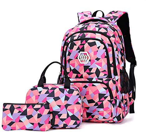 IvyH Zaino Scuola per Ragazze, Zaino con Custodia Pranzo Isolata Astuccio Portamatite 3 in 1 Set Leggero Zaini Scuola per Studenti Ragazzi delle Scuole Elementari, Medie(Nero)