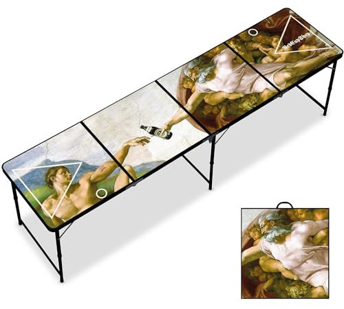 RedCupShop® Beer Pong Tisch „Schaffung des Bieres“ | Klappbarer Bierpongtisch mit offizieller Turniergröße (240x60x70 cm) | Tragbar, wasserabweisend & Kratzfest | Optional mit Bechern & Bällen