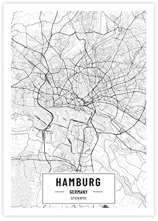Petra Pan Städteposter Hamburg in schwarz-weiß · Wandbild mit Stadtplan · DIN A2 (42x59,4cm) · als Dekoration oder Geschenkidee · Var. E