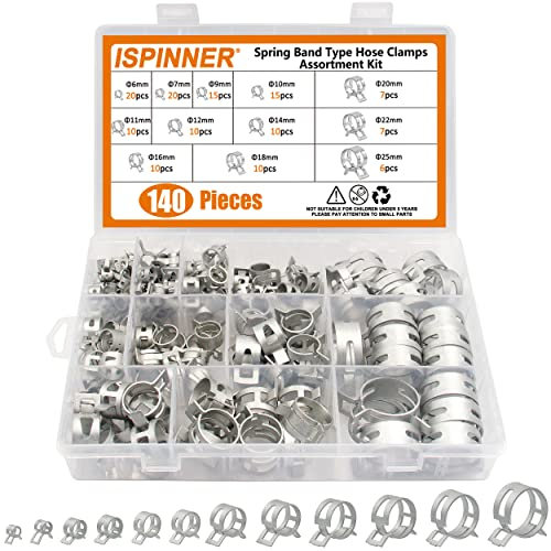 ISPINNER 140 Stück 6–25 mm Federband-Typ, Kraftstoffleitung, Silikon-Vakuumschlauchschellen, 12 Größen, Niederdruck-Luftklemme